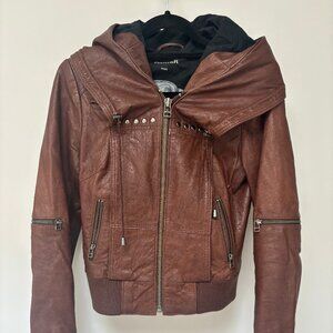 Danier Brown Leather Bomber Jacket with Hood in Size XXS